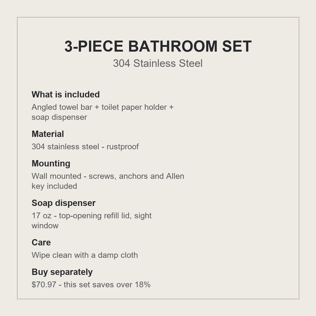3-piece bathroom hardware set specifications - 304 stainless steel, rustproof