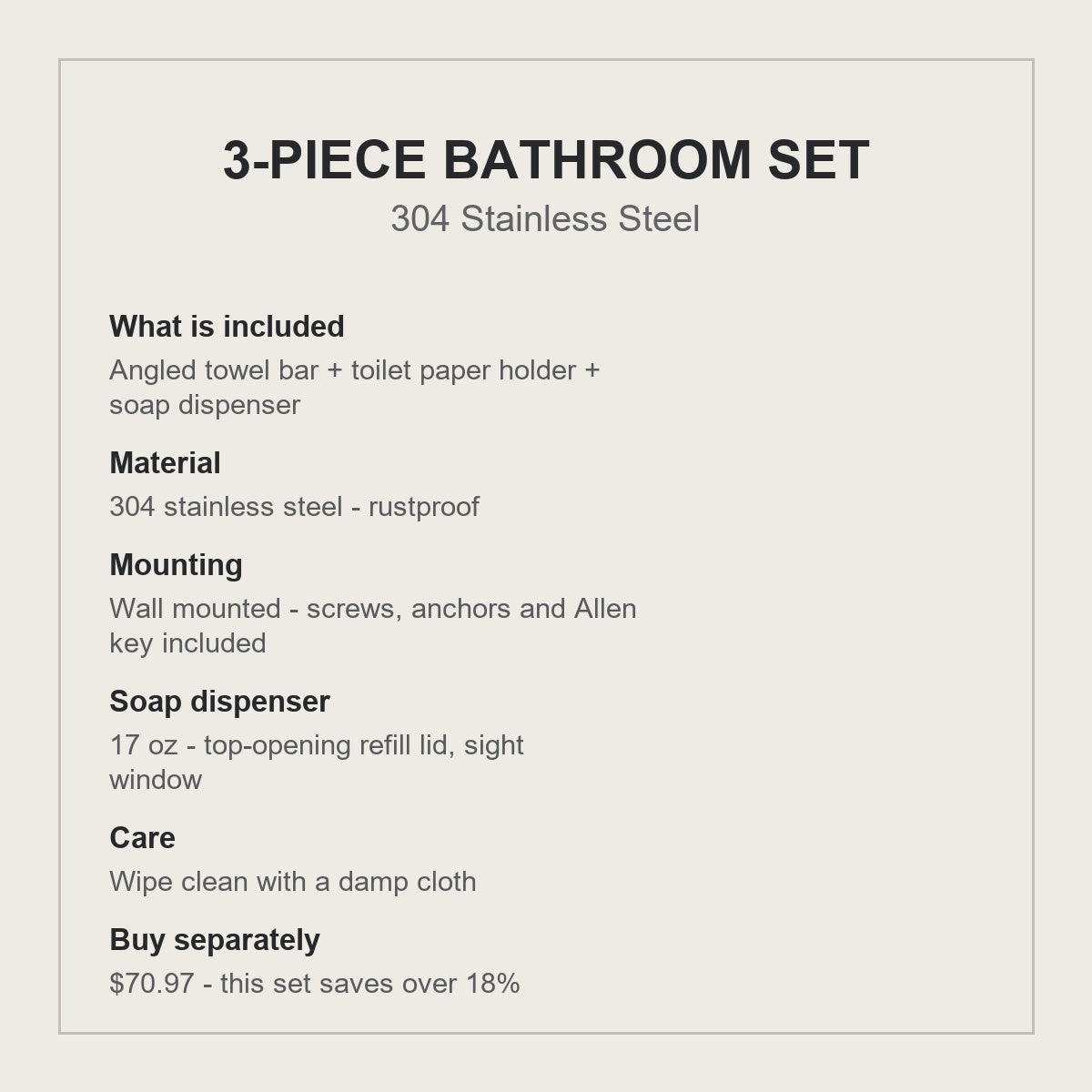 3-piece bathroom hardware set specifications - 304 stainless steel, rustproof