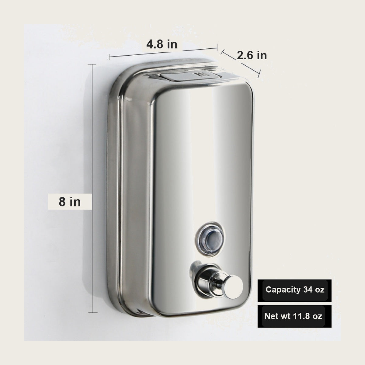 Large soap dispenser dimensions - 4.8 x 2.6 x 8 in, 34 oz capacity