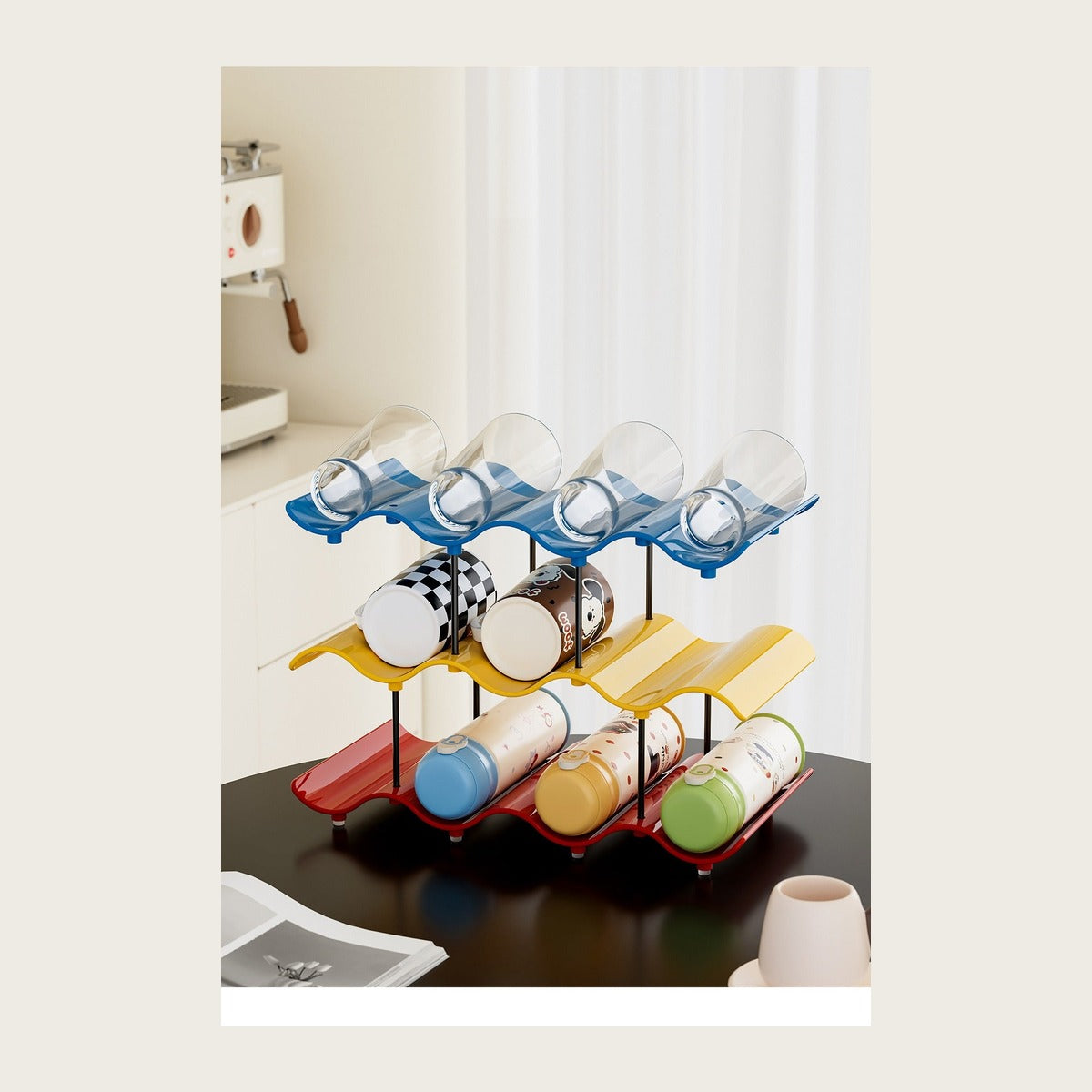 Stackable wave rack holding mugs and water bottles in a cabinet