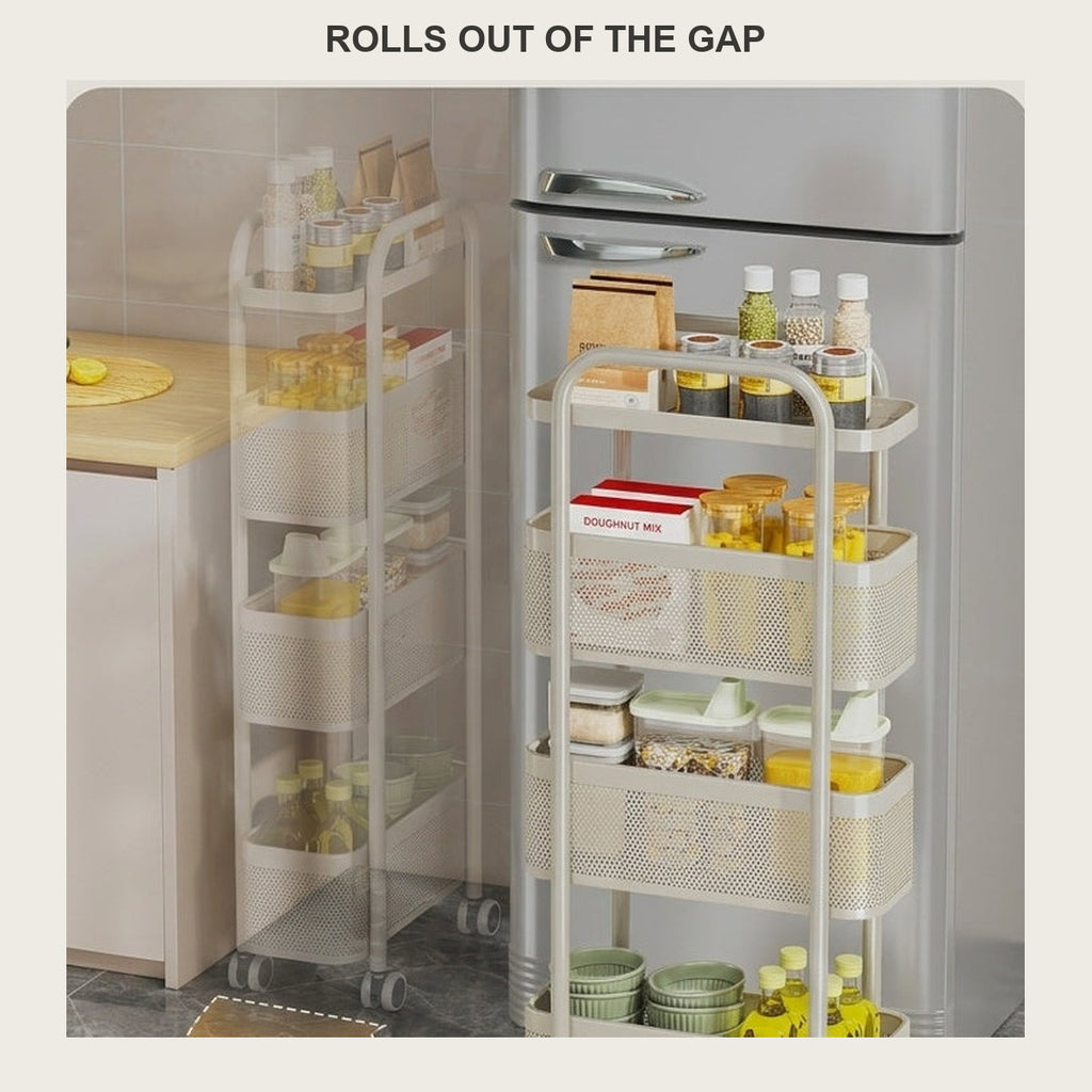 Two slim rolling carts in a kitchen gap beside the fridge, loaded with jars and bottles