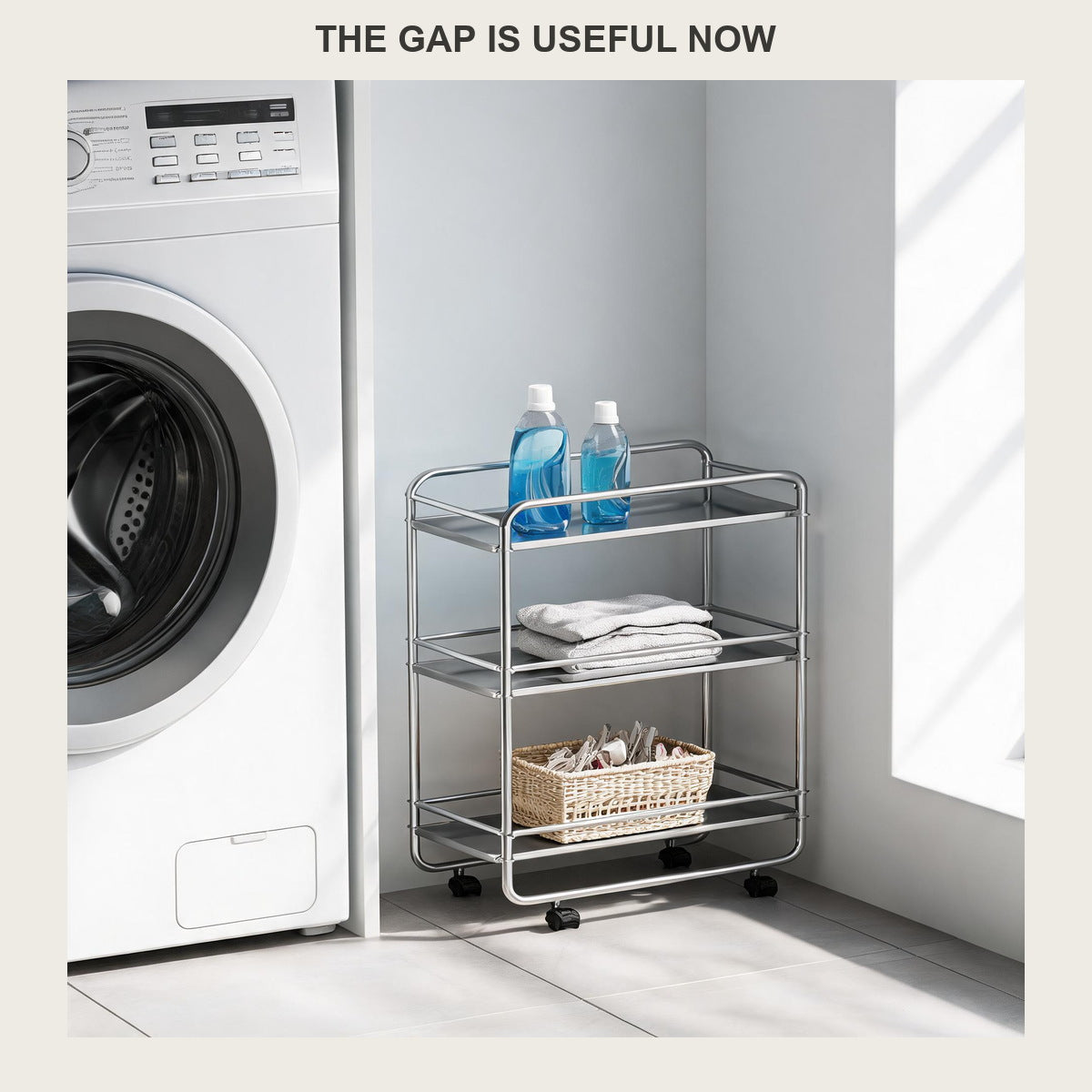 Slim three-tier rolling cart in the gap beside a white washing machine holding detergent