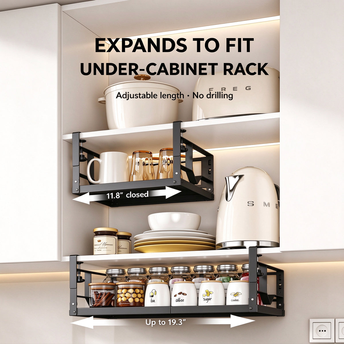 Under cabinet rack extends from 11.8 to 19.3 inches, no drilling