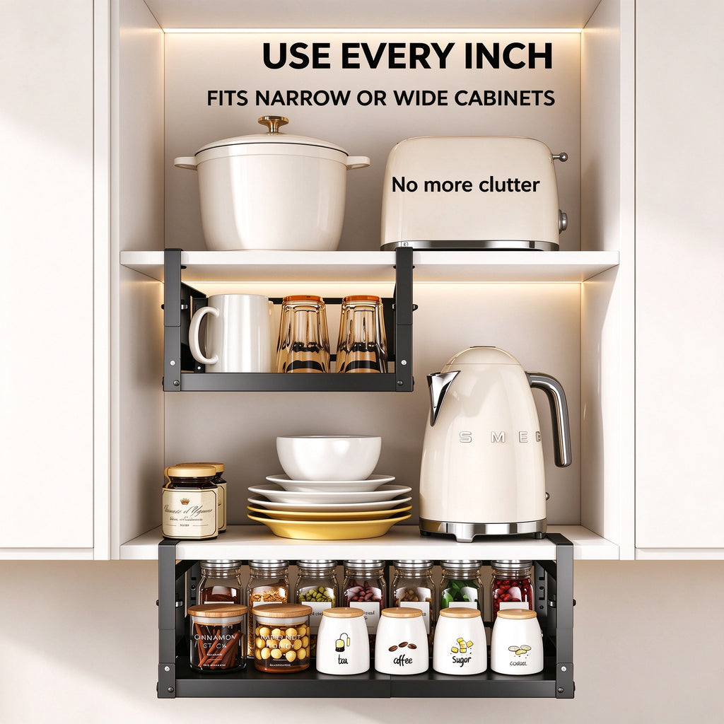 Under shelf basket fits both narrow and wide kitchen cabinets