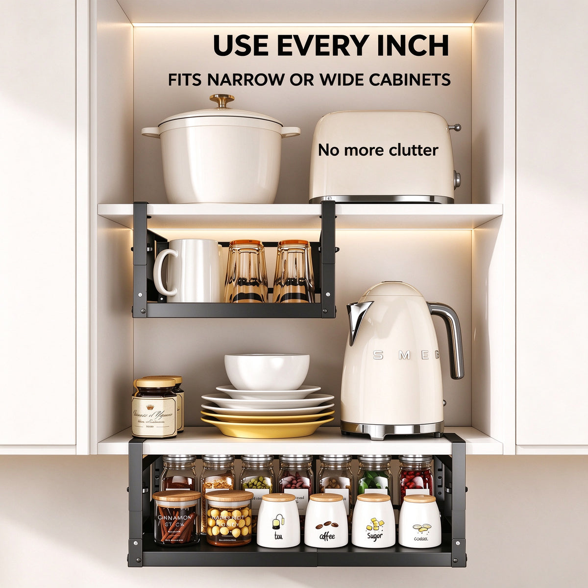 Under shelf basket fits both narrow and wide kitchen cabinets