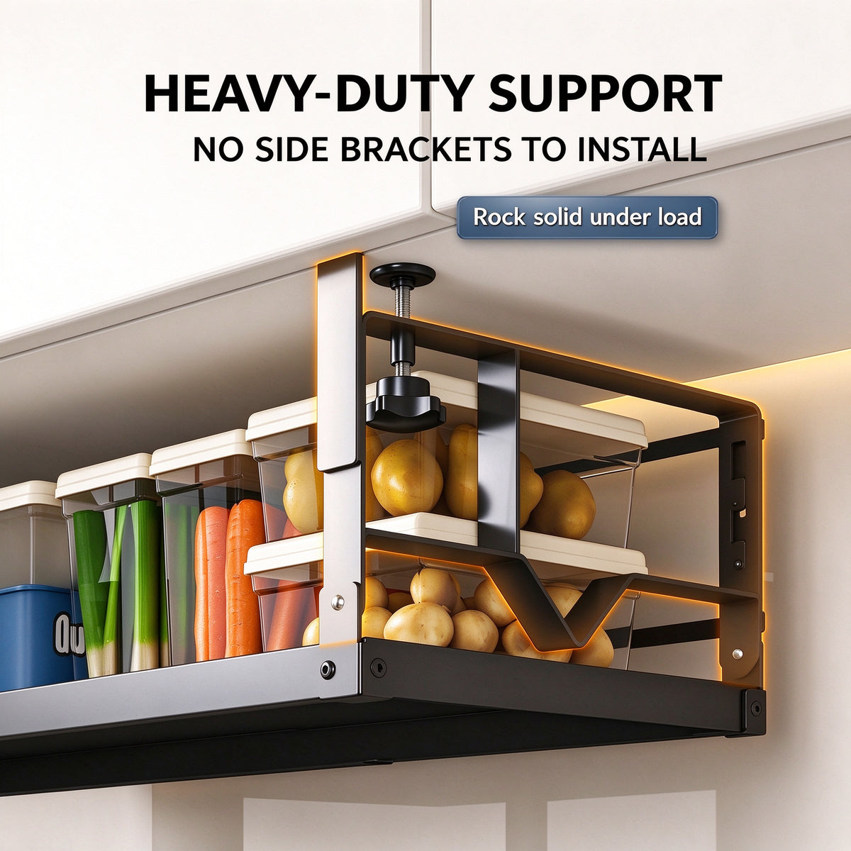Heavy duty carbon steel under shelf rack holding jars and produce