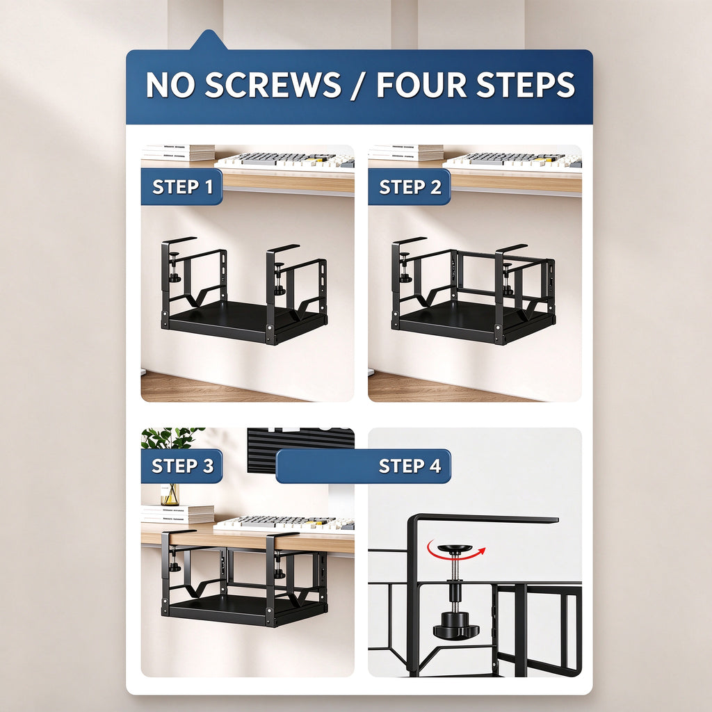 Four step installation of the under cabinet rack without screws