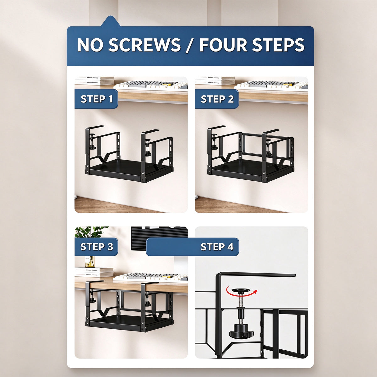 Four step installation of the under cabinet rack without screws