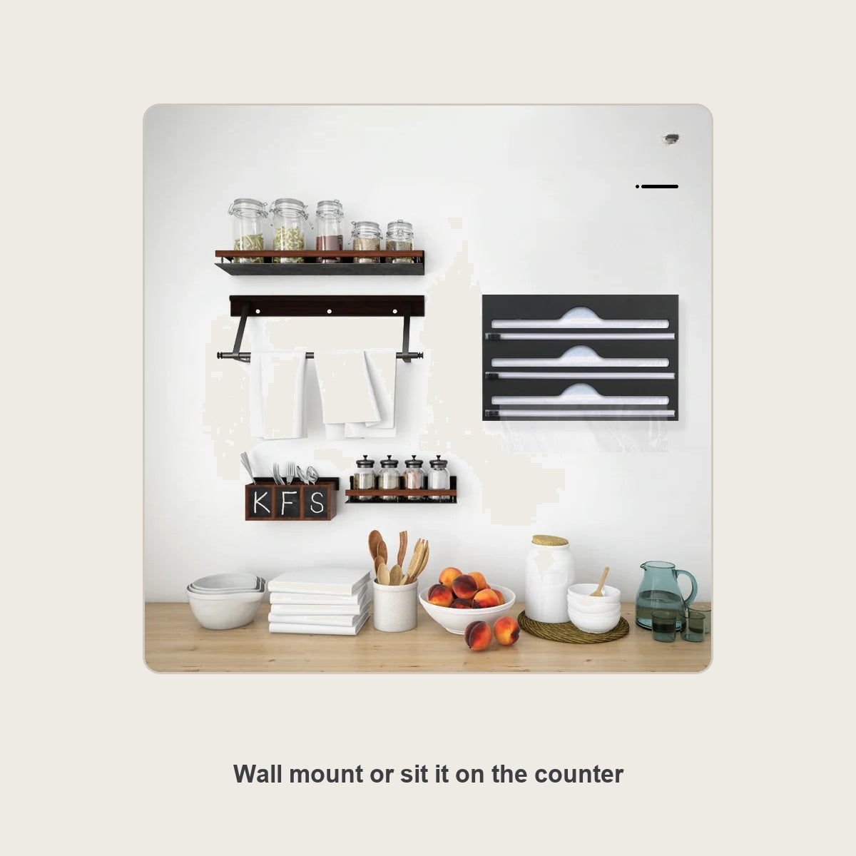 Acrylic wrap organizer mounted on a kitchen wall holding foil and wrap