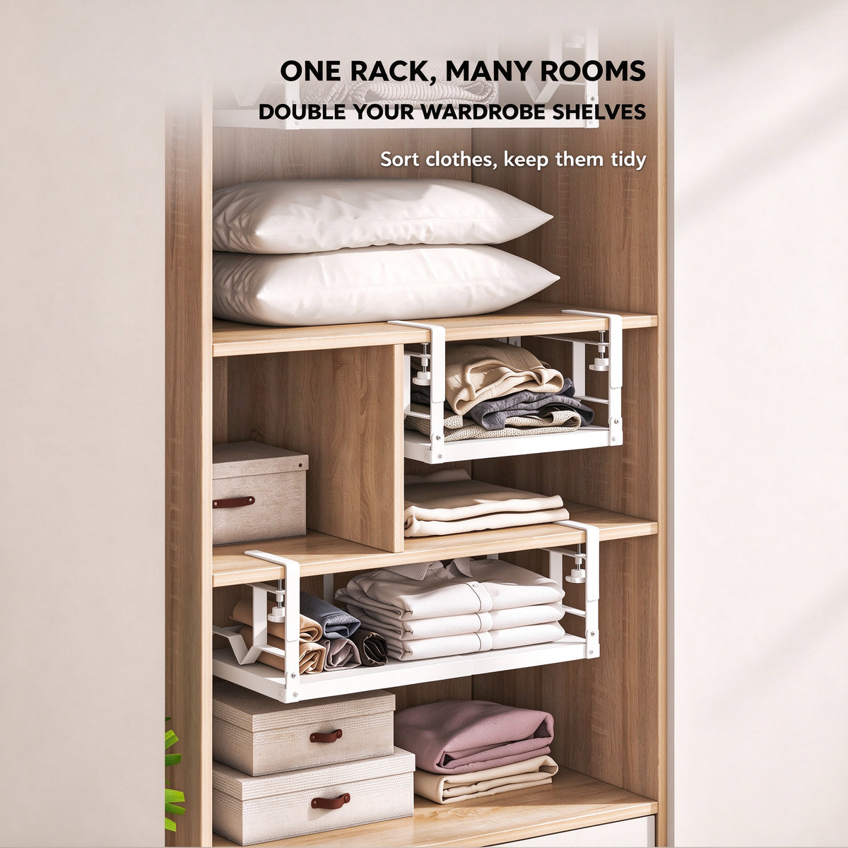 White under shelf rack doubling wardrobe shelf space