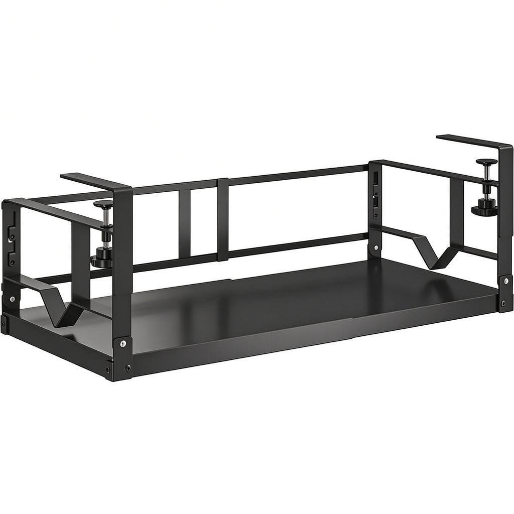 Black expandable under shelf basket hanging below a kitchen cabinet