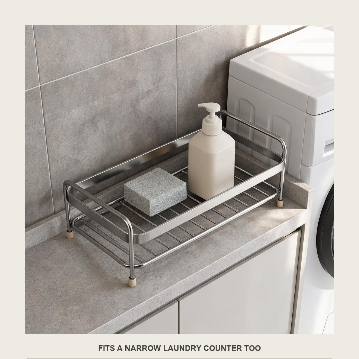 The stainless rack on a narrow laundry counter beside a washing machine