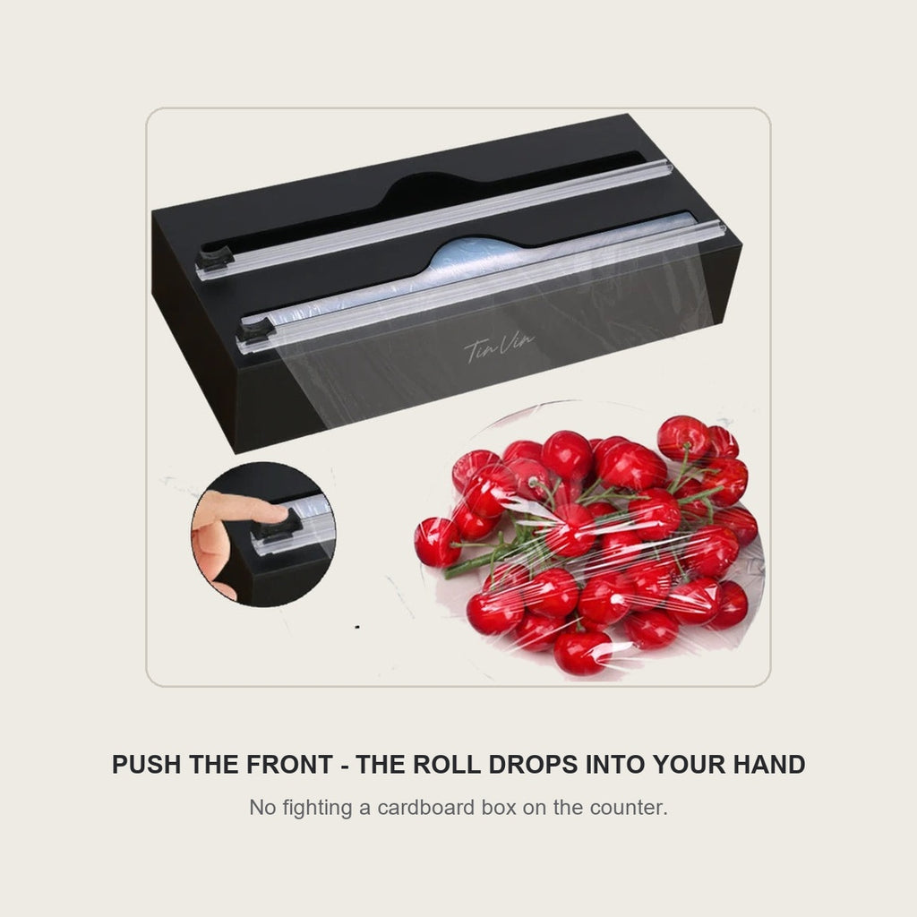 Push-to-open wrap organizer shelf close up - the roll drops into your hand
