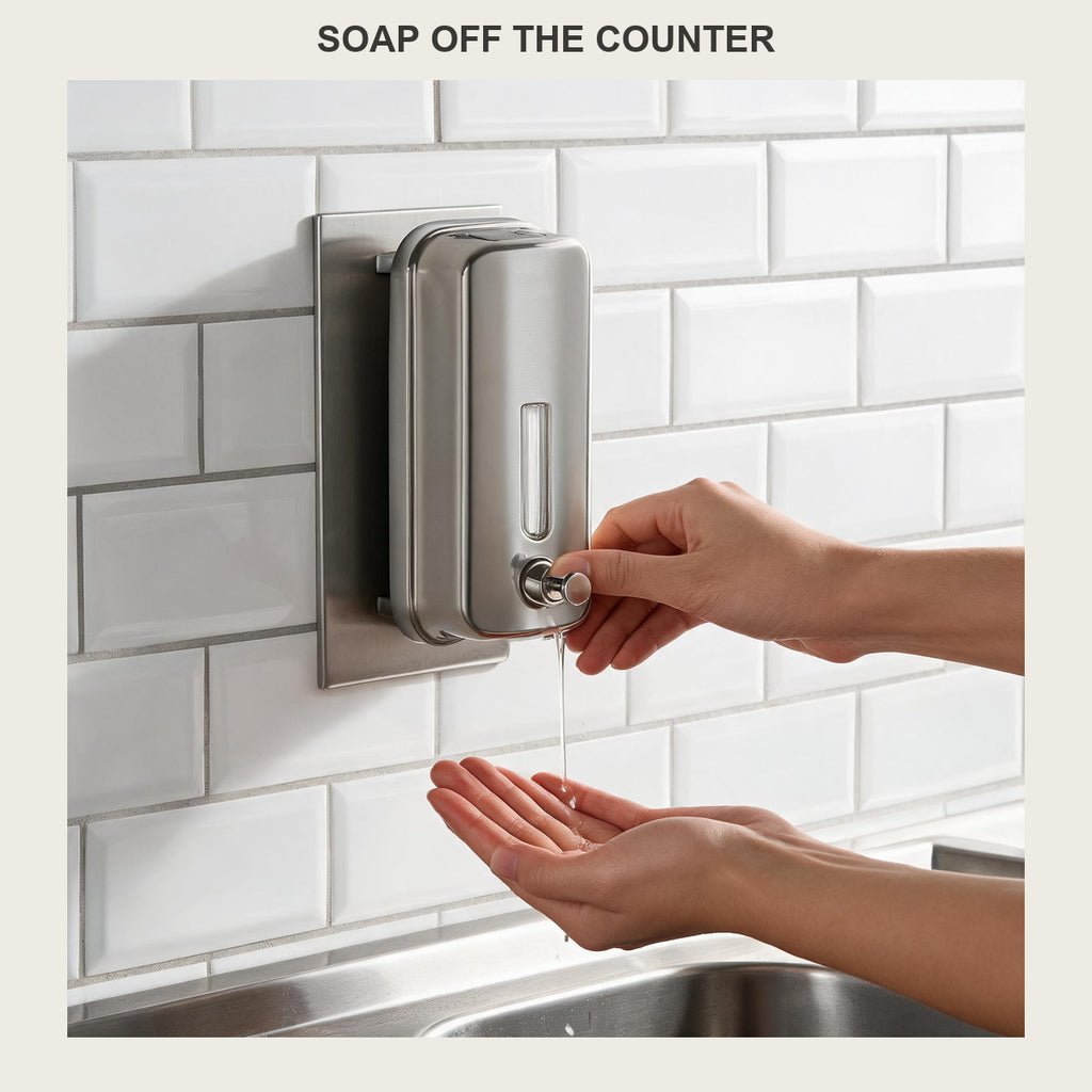 Wall-mounted soap dispenser in brushed 304 stainless steel, 500 ml size