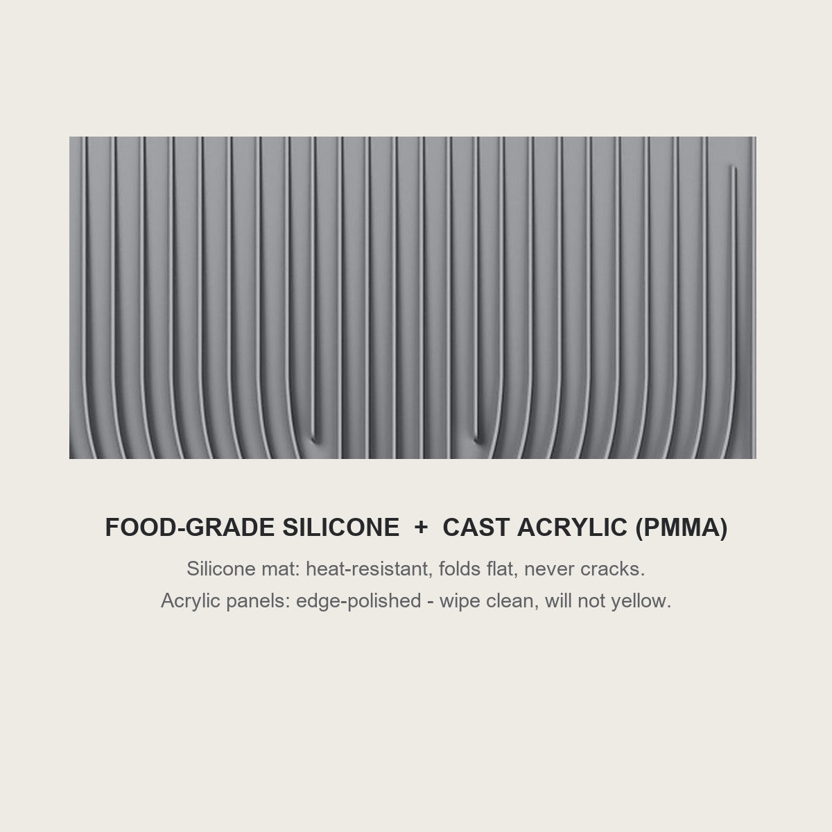 Food-grade silicone mat surface next to a matte black cast acrylic panel