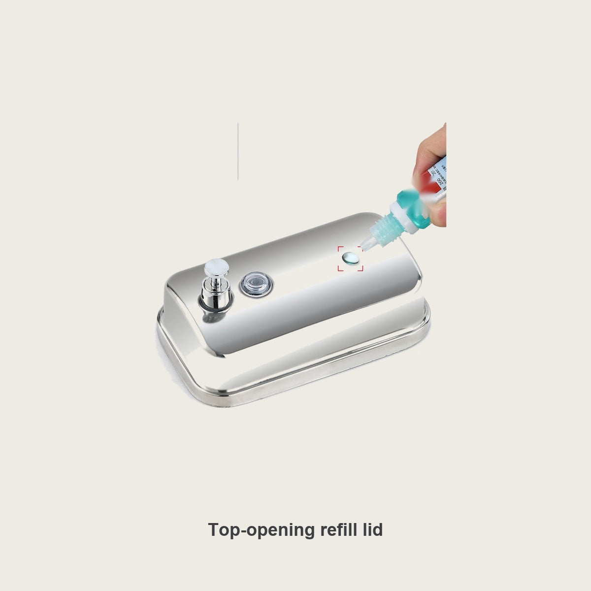 Top-opening refill lid on the wall-mounted stainless steel soap dispenser