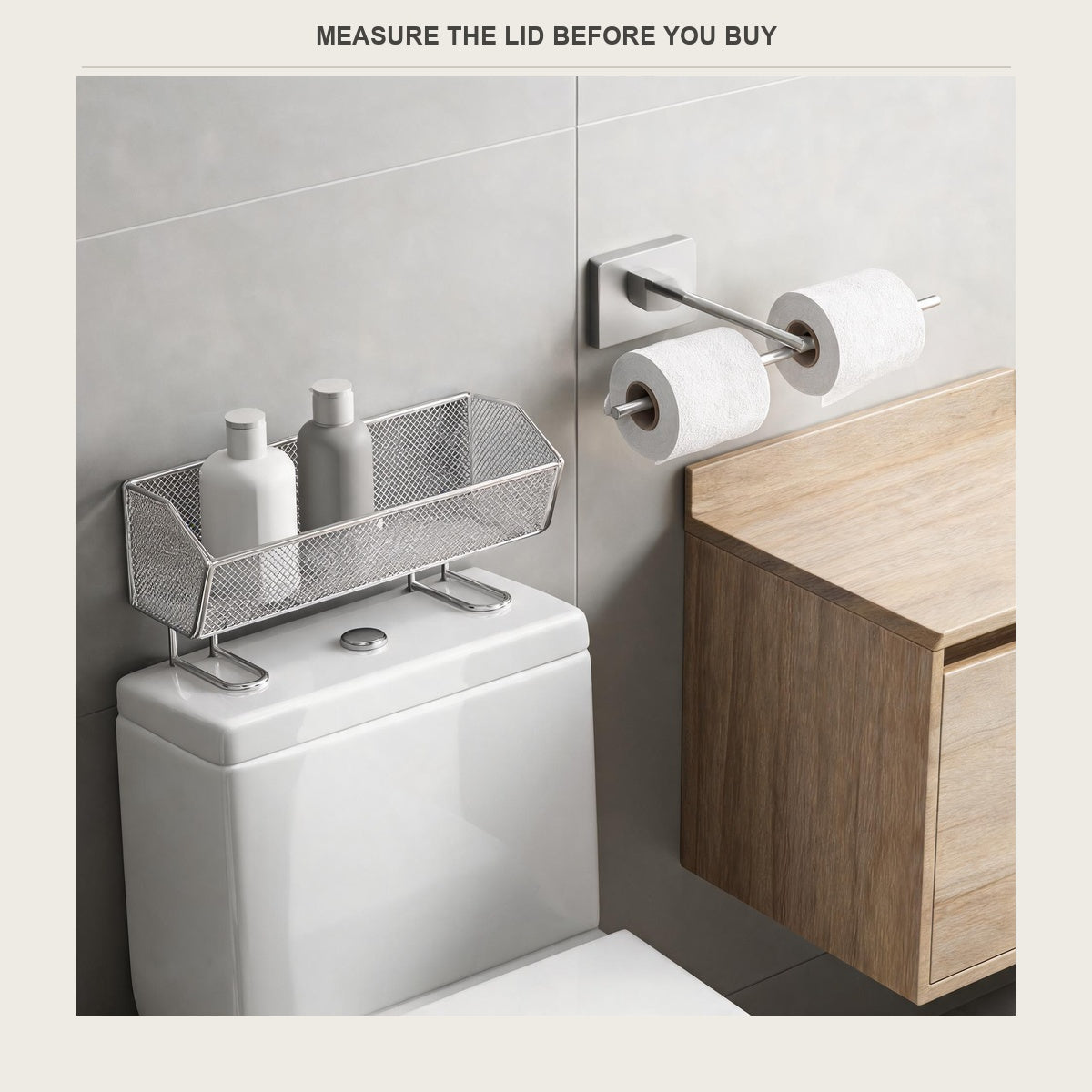 Shelf and double roll holder in a compact bathroom