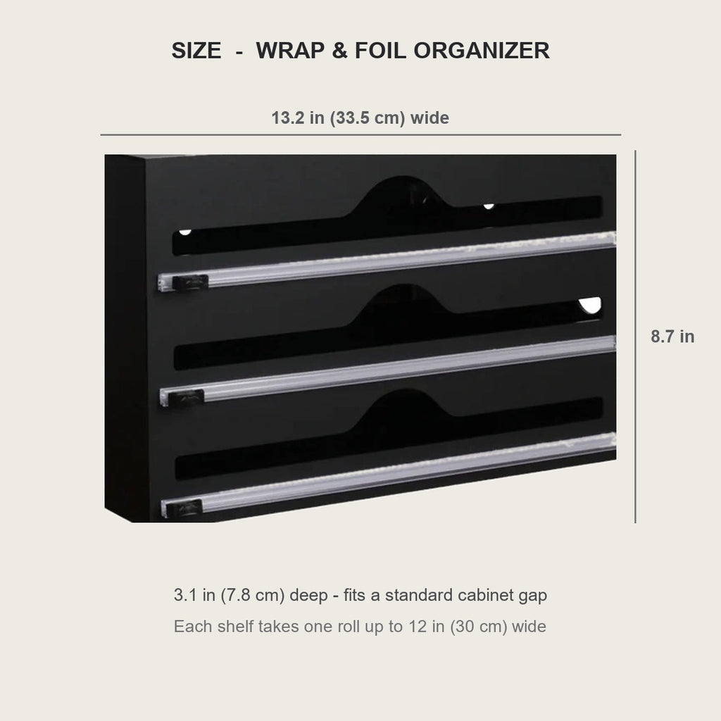 Wrap and foil organizer dimensions - 13.2 in wide, 8.7 in tall, 3.1 in deep
