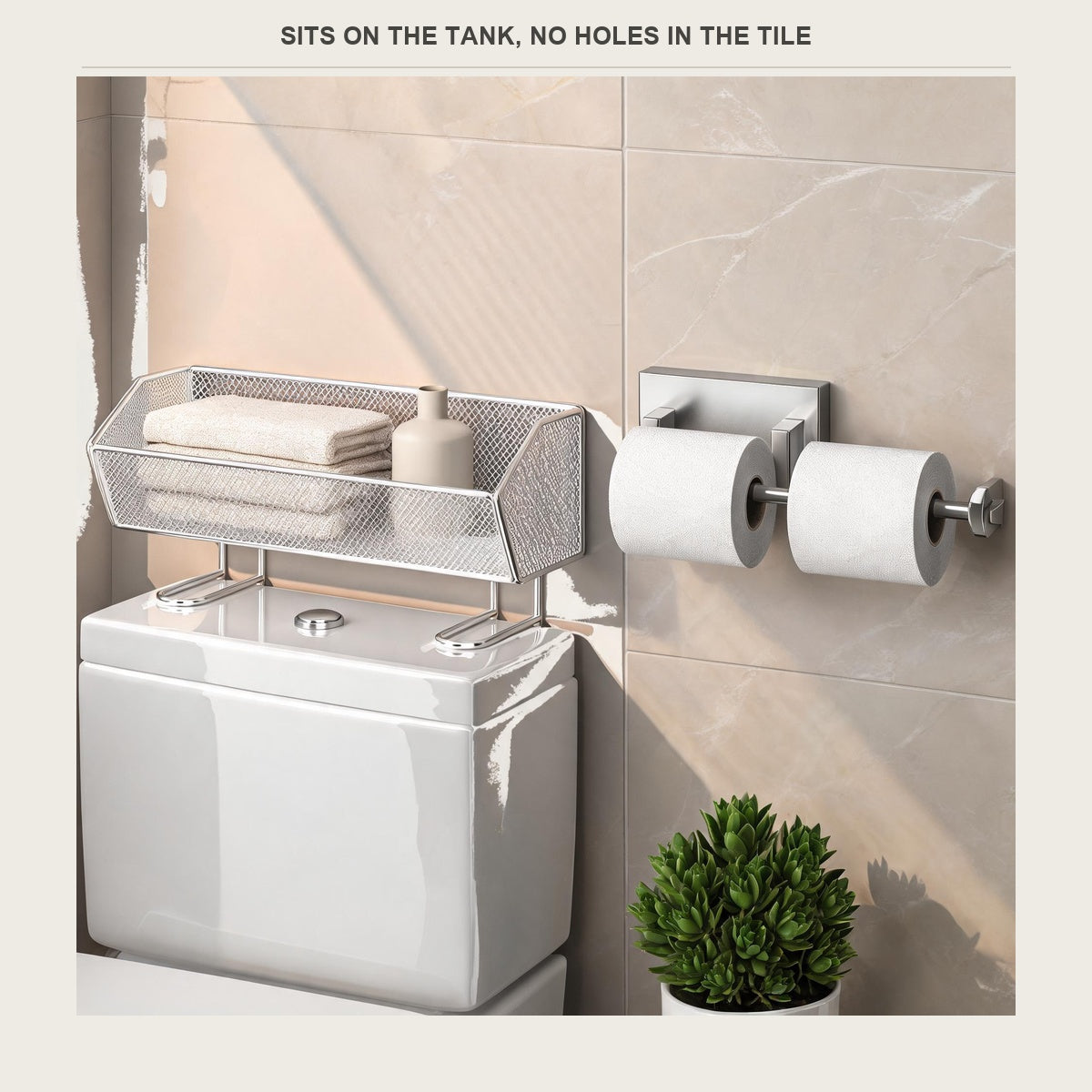 Over-the-Toilet shelf and paper holder sitting on a toilet tank lid