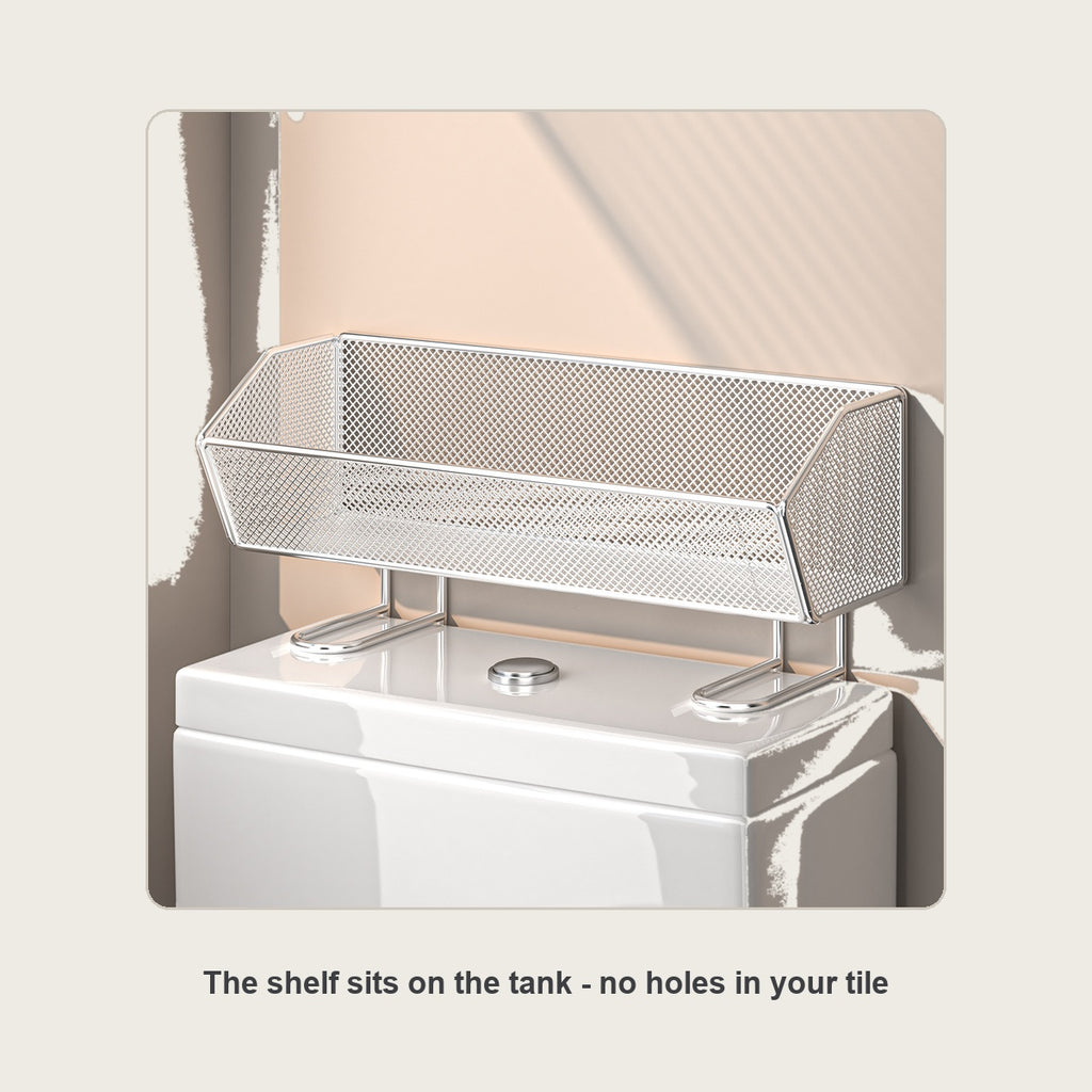 Over-the-toilet storage shelf sitting on a white toilet tank, no drilling needed