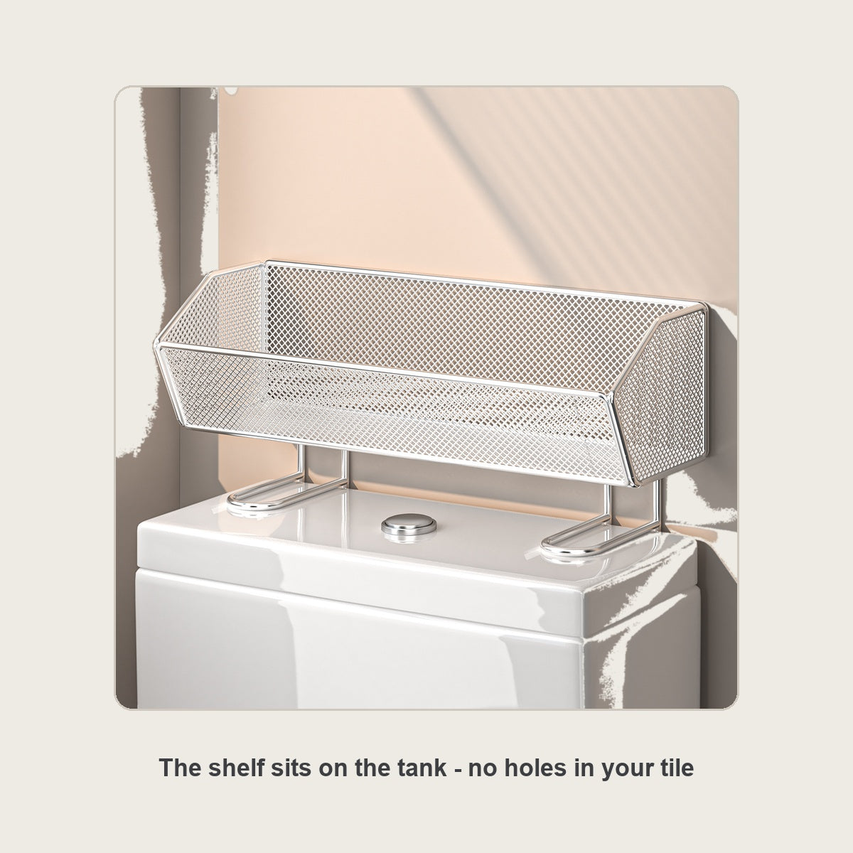 Over-the-toilet storage shelf sitting on a white toilet tank, no drilling needed