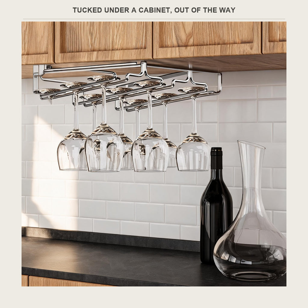 Wine glass rack under an oak cabinet with a wine bottle below