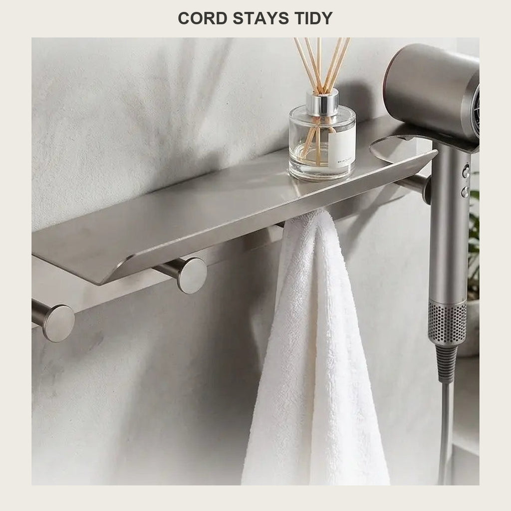 SUS304 Hair Dryer Holder Wall-Mounted with Shelf & Hooks