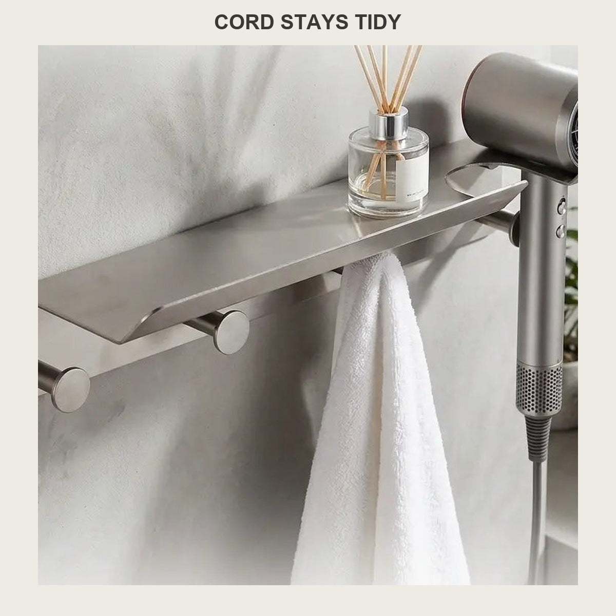 SUS304 Hair Dryer Holder Wall-Mounted with Shelf & Hooks