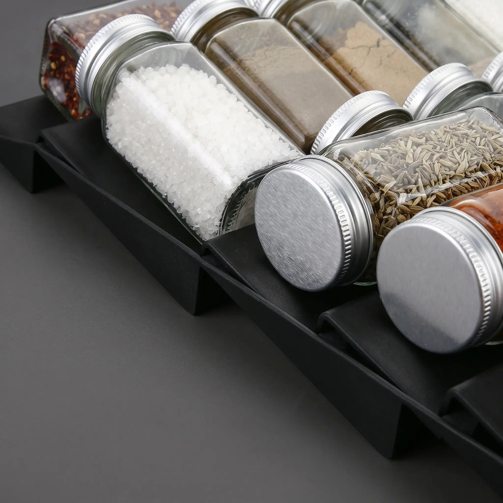 DrawerFlex 4-Tier Expandable Spice Drawer Organizer — Adjustable Spice Rack Tray for Kitchen Cabinet & Drawer (2-Pack, Black/White)