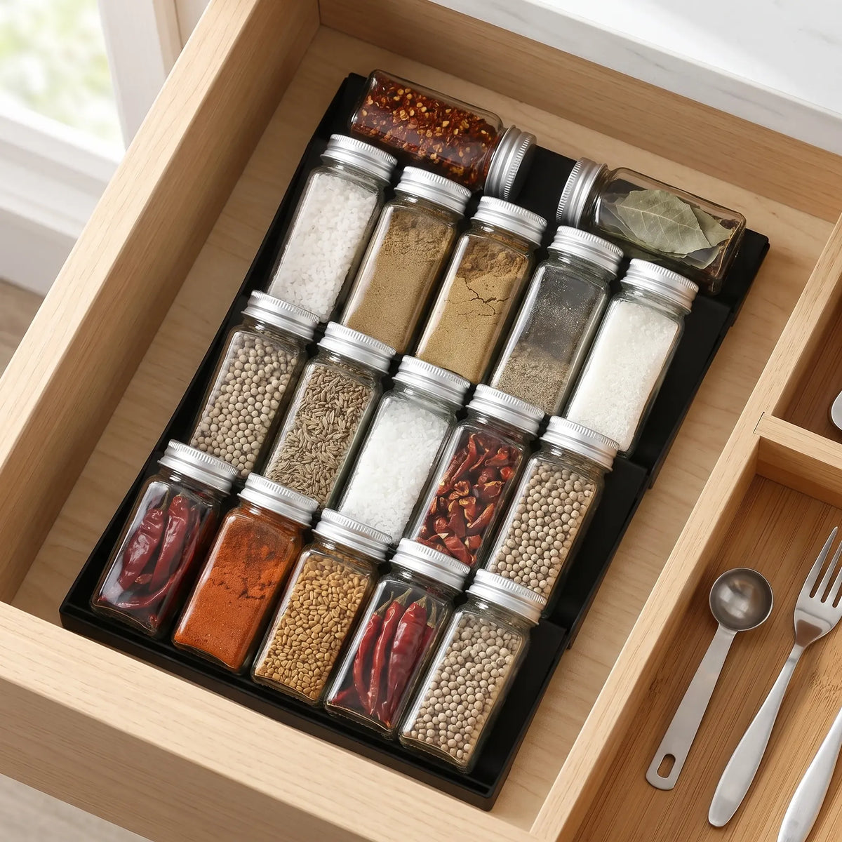 DrawerFlex 4-Tier Expandable Spice Drawer Organizer — Adjustable Spice Rack Tray for Kitchen Cabinet & Drawer (2-Pack, Black/White)