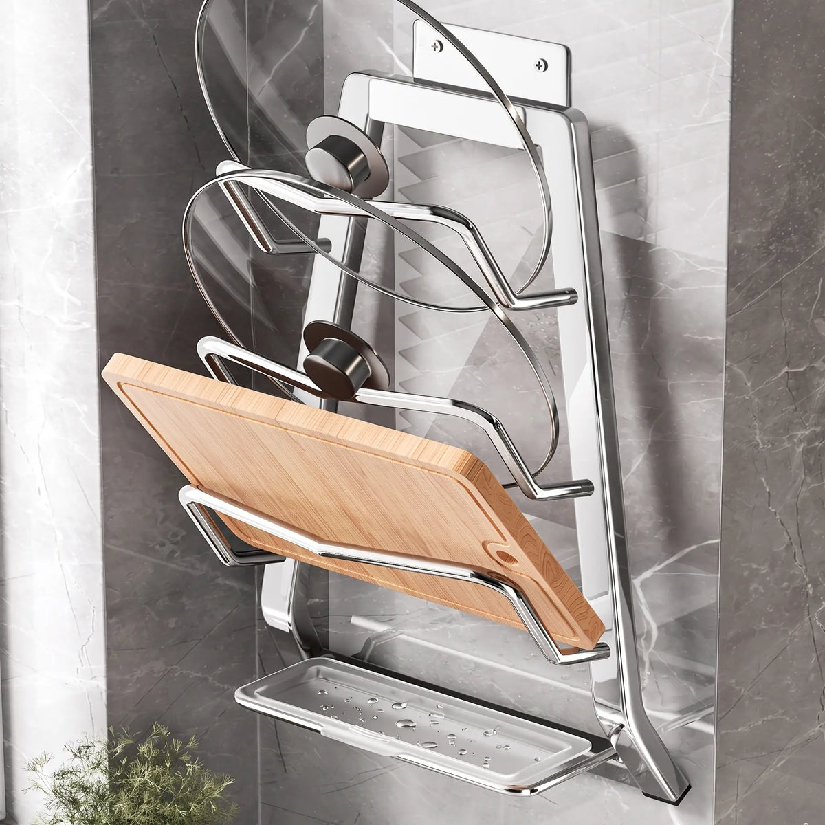 Wall Mounted Pot Lid & Cutting Board Rack No-Drill Steel