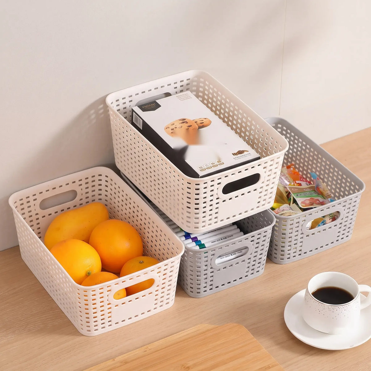 Wicker-Look Pantry Bin with Bamboo Lid, Rattan-Style Basket