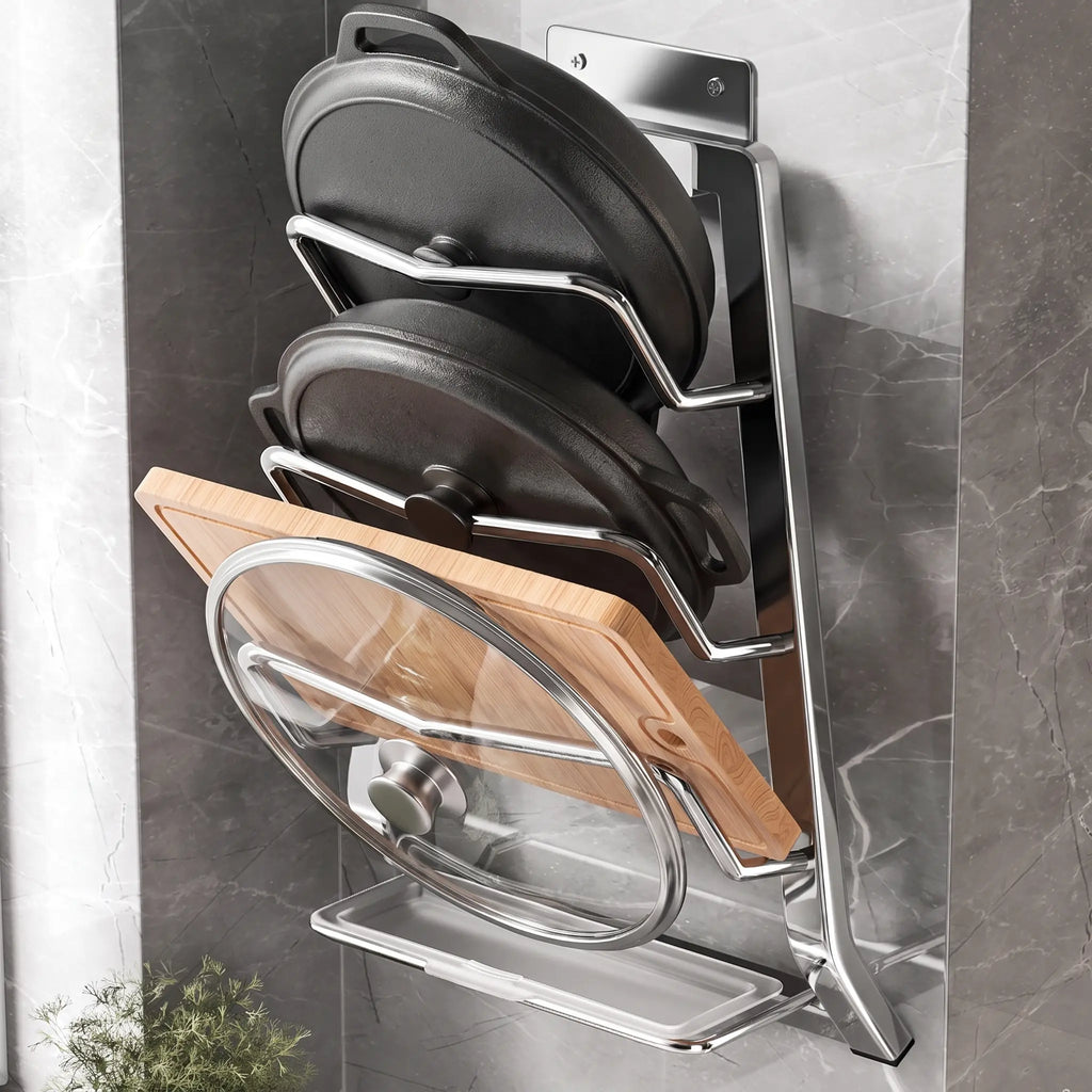 Wall Mounted Pot Lid & Cutting Board Rack No-Drill Steel