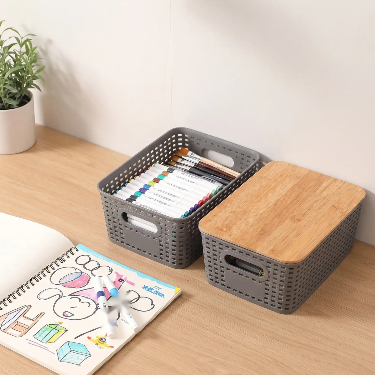 Wicker-Look Pantry Bin with Bamboo Lid, Rattan-Style Basket