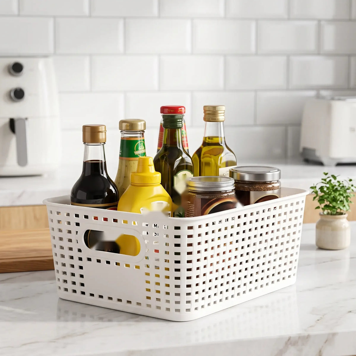 Wicker-Look Pantry Bin with Bamboo Lid, Rattan-Style Basket