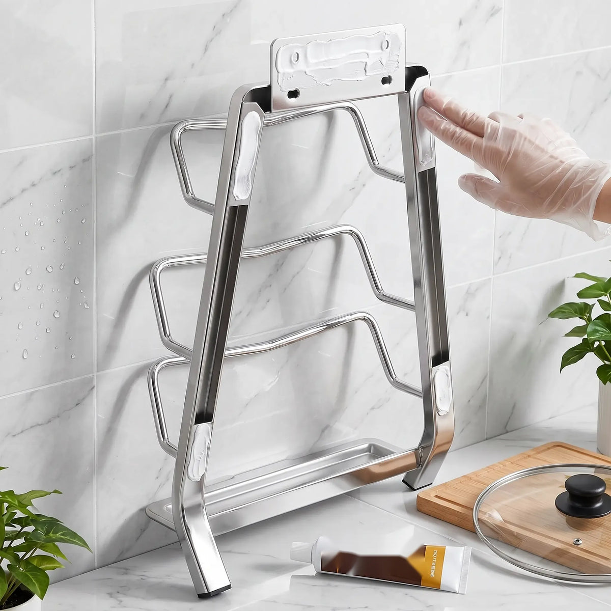 Wall Mounted Pot Lid & Cutting Board Rack No-Drill Steel