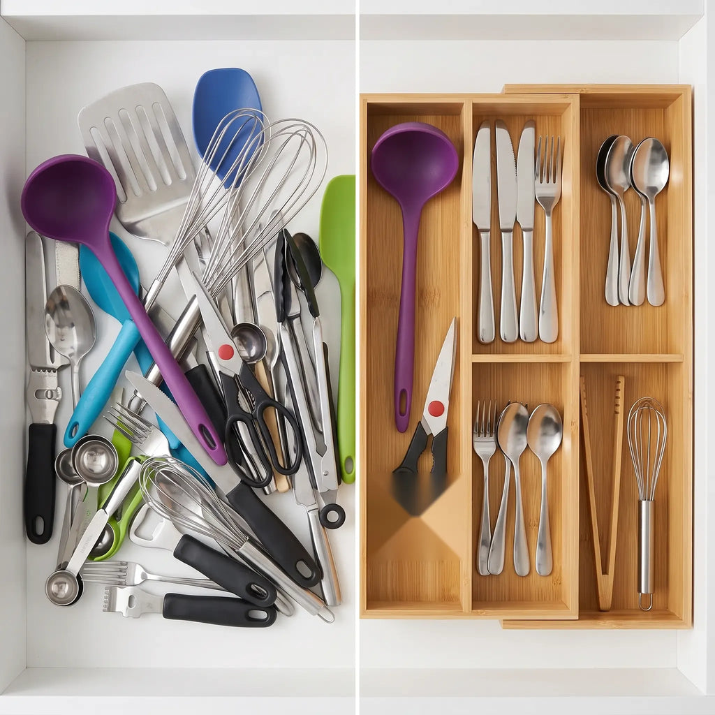 Bamboo Expandable Utensil Drawer Organizer, 7 & 9 Compartment
