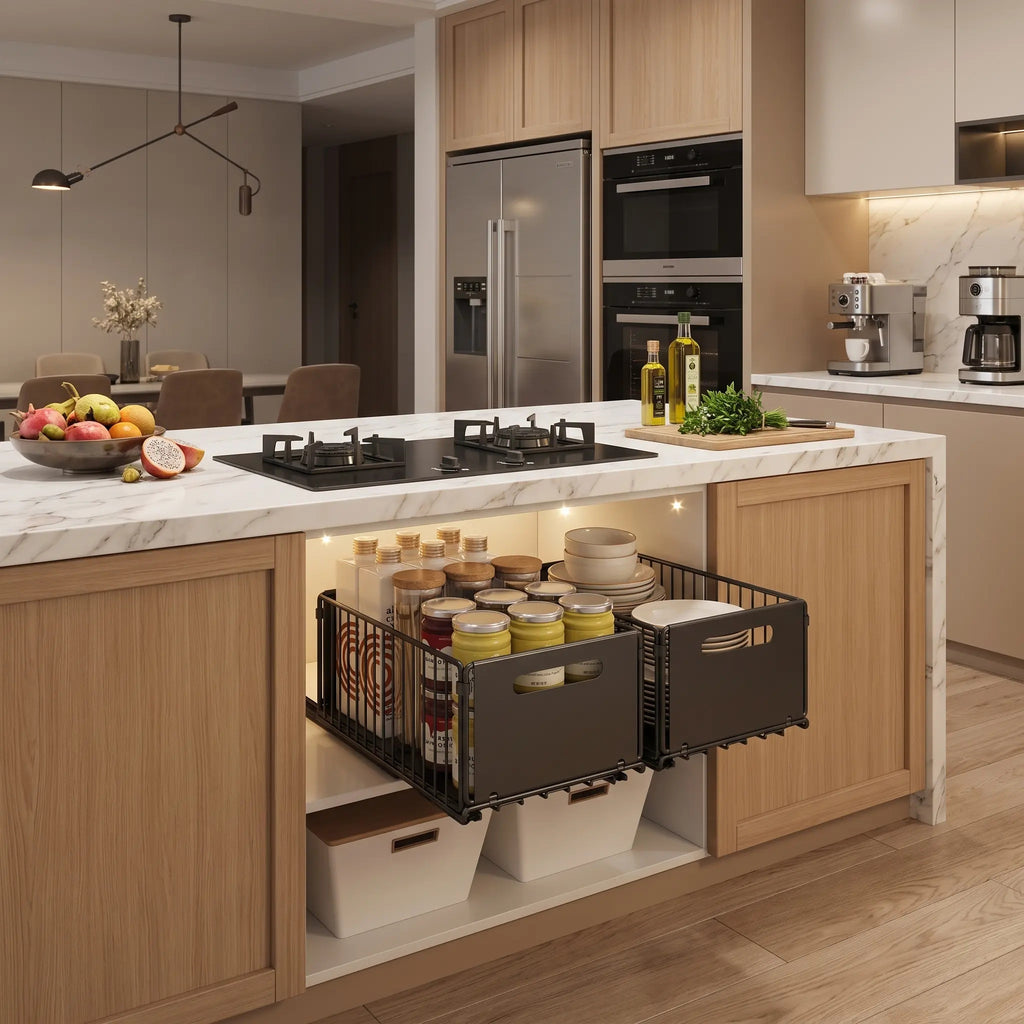 Under-sink pull-out organizer in bright kitchen island cabinet