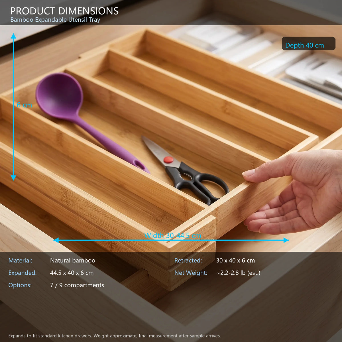 Bamboo Expandable Utensil Drawer Organizer, 7 & 9 Compartment