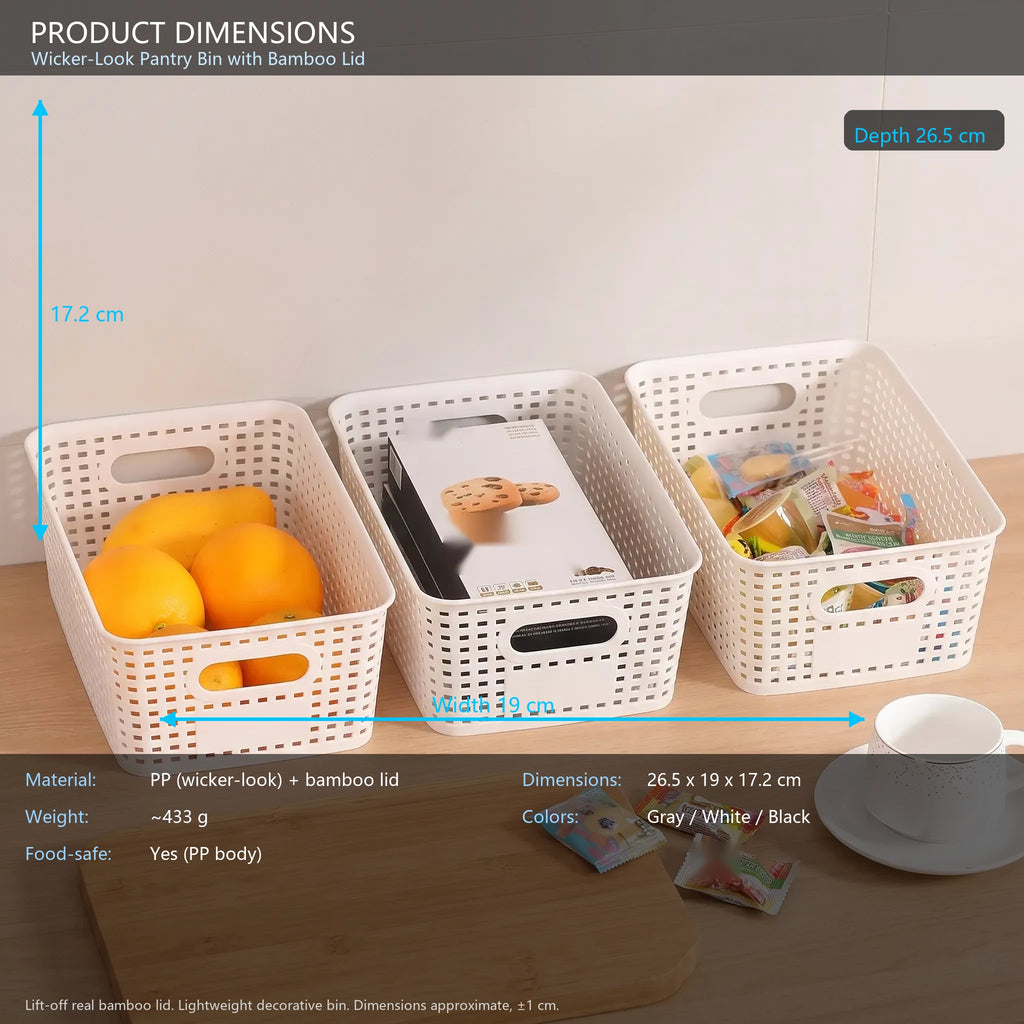 Wicker-Look Pantry Bin with Bamboo Lid, Rattan-Style Basket