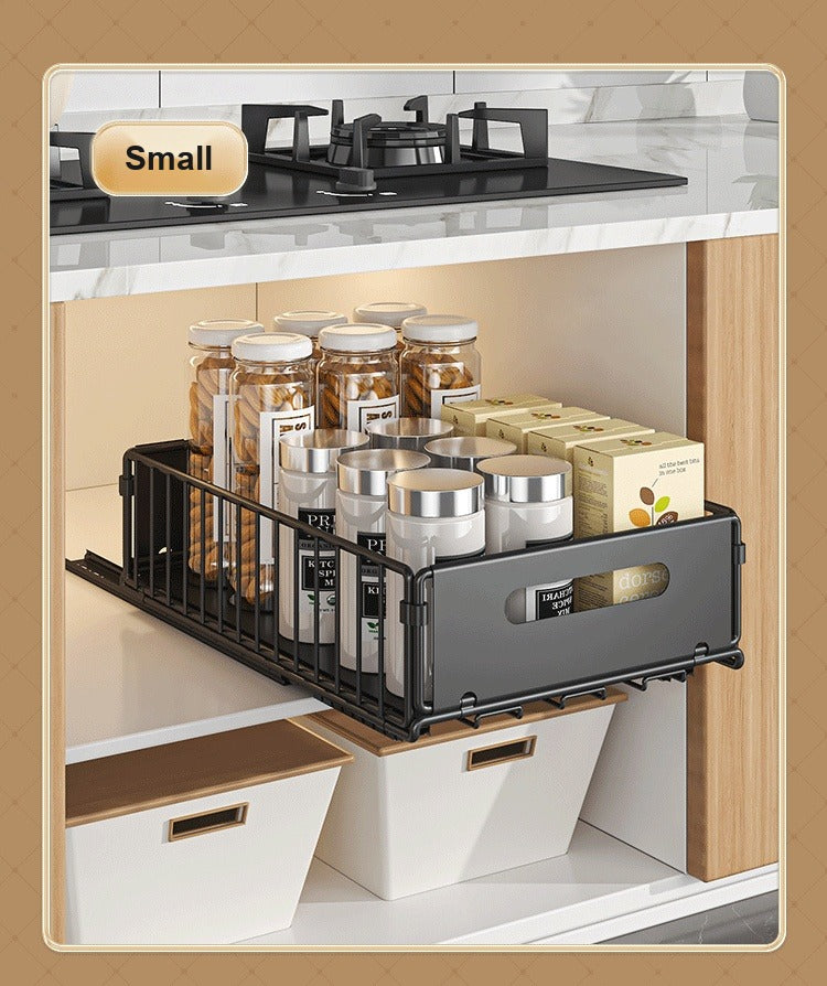 Small sliding basket pulled out for compact cabinets