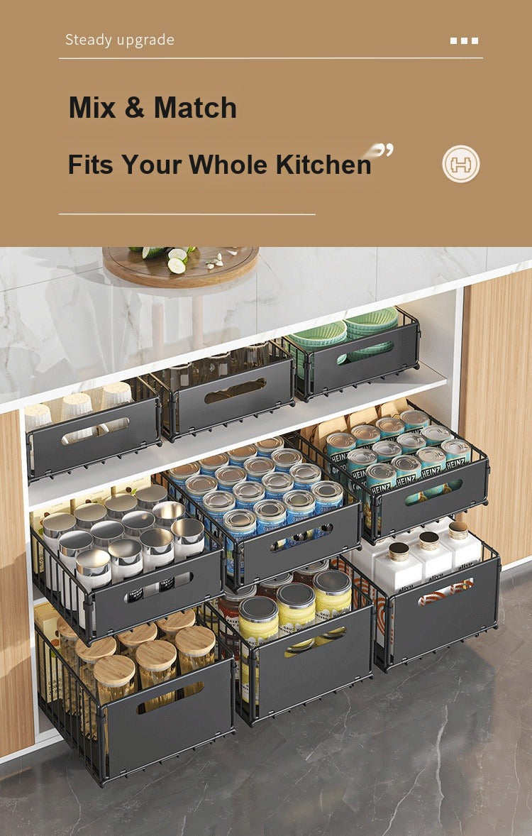 Mix and match modular sliding baskets for whole kitchen