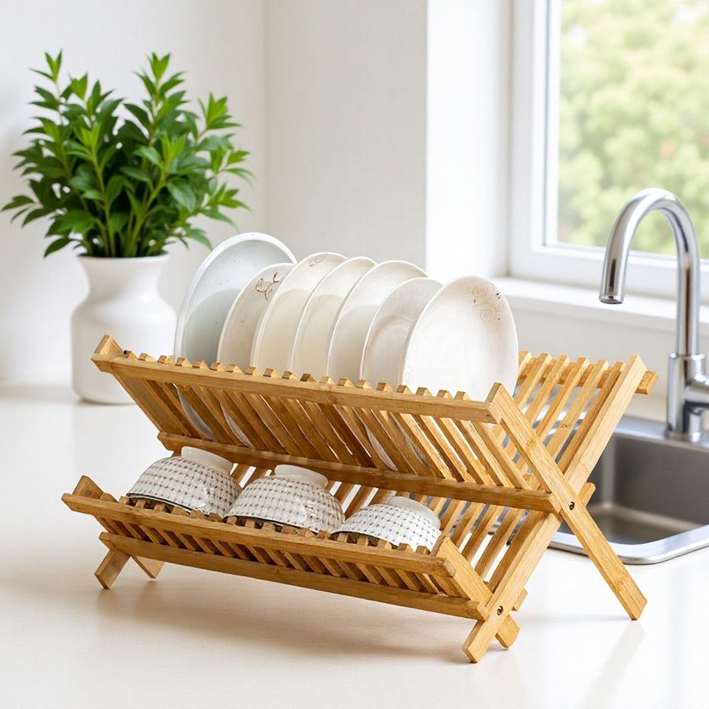 Two-tier bamboo dish drying rack on a kitchen counter beside the sink, loaded with plates and bowls