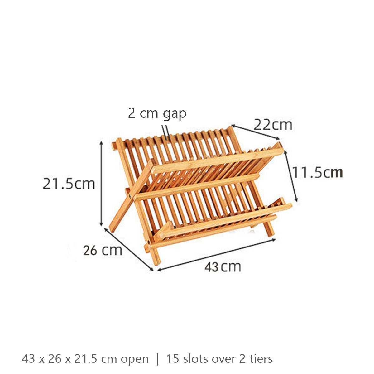 Size chart for the bamboo dish rack: 43 cm wide, 26 cm deep, 21.5 cm high, 2 cm slot gap