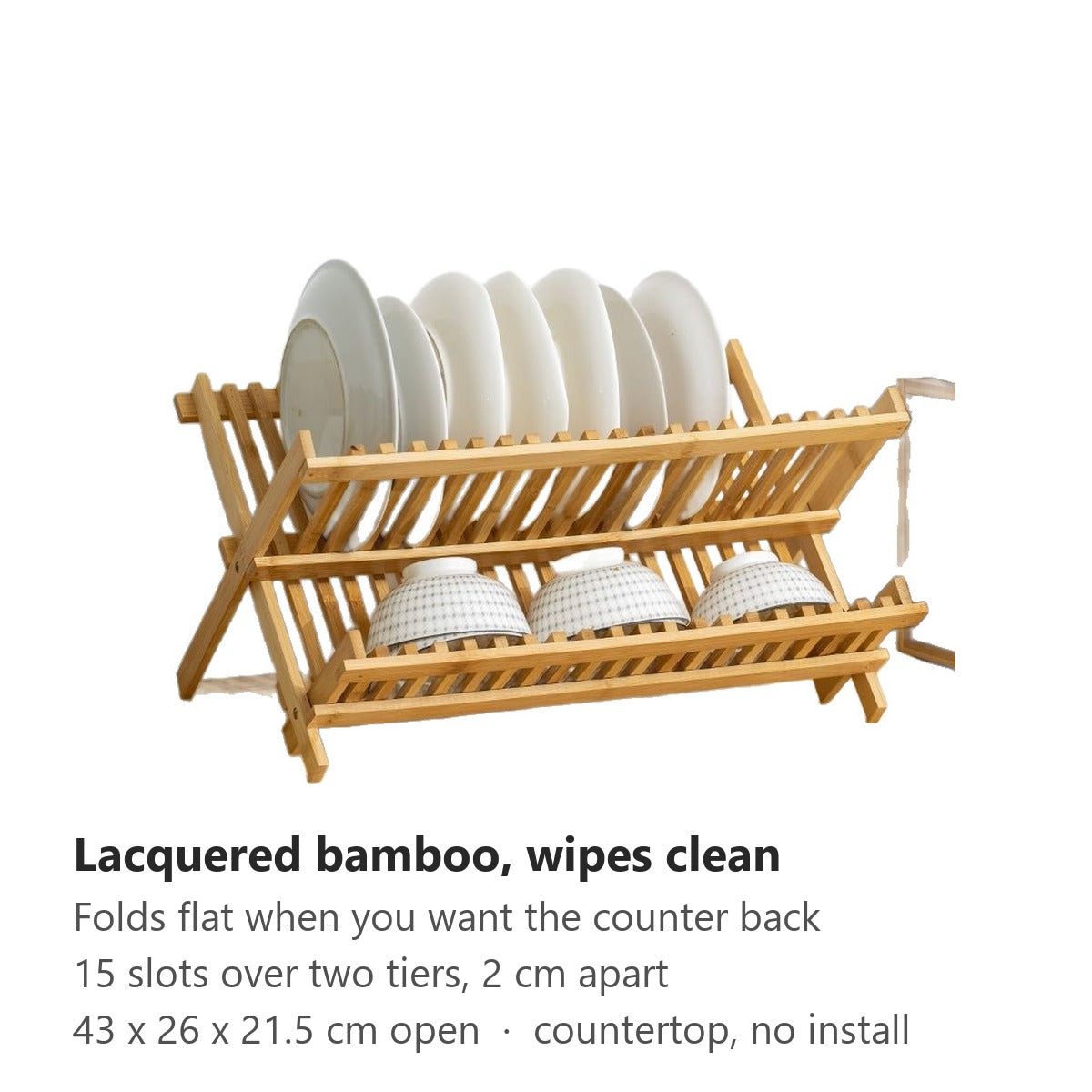 Lacquered bamboo dish rack that folds flat, 15 slots over two tiers, 43 x 26 x 21.5 cm