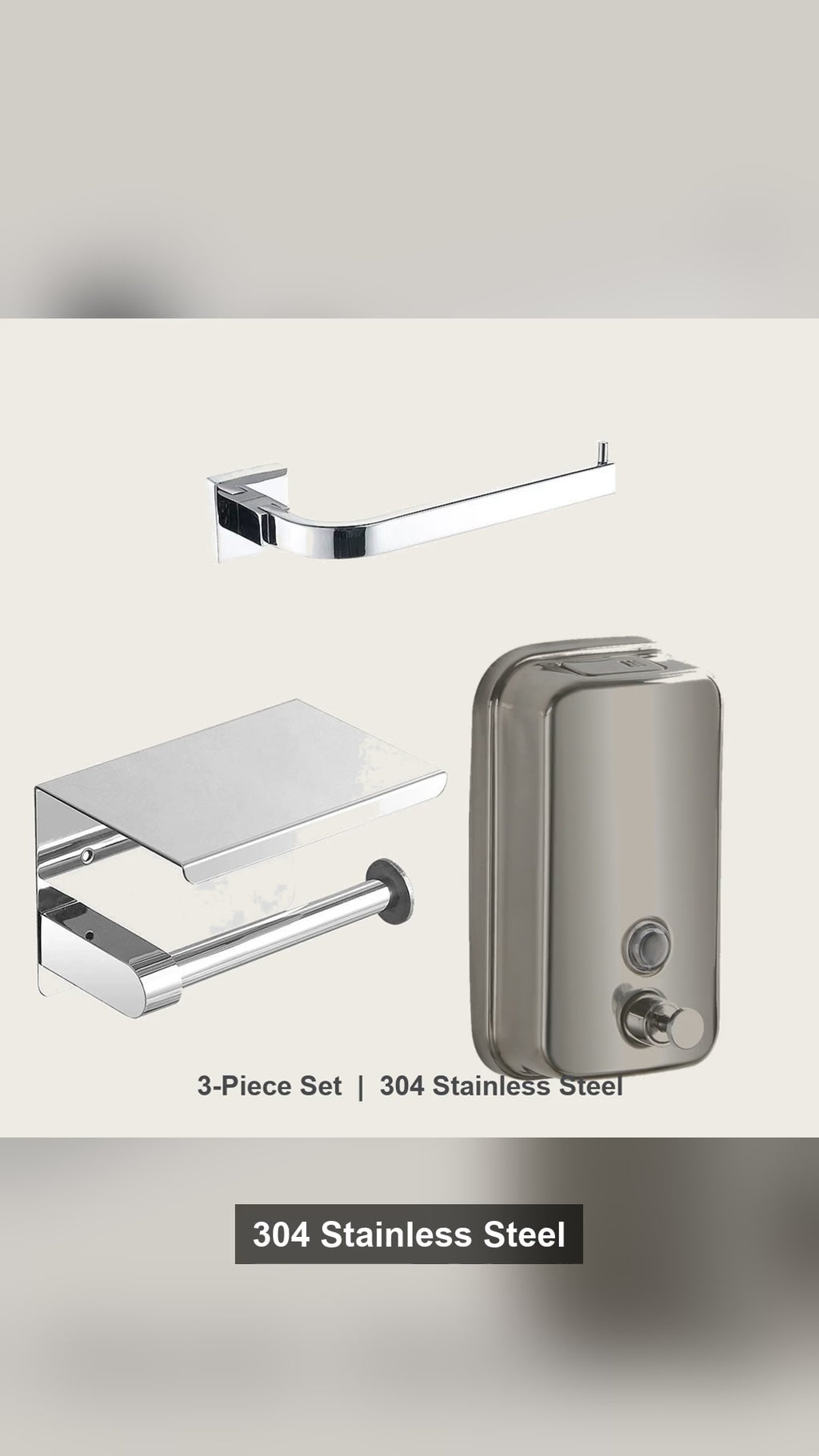 3-Piece Bathroom Hardware Set, 304 Stainless Steel - Towel Bar, Toilet Paper Holder and Soap Dispenser