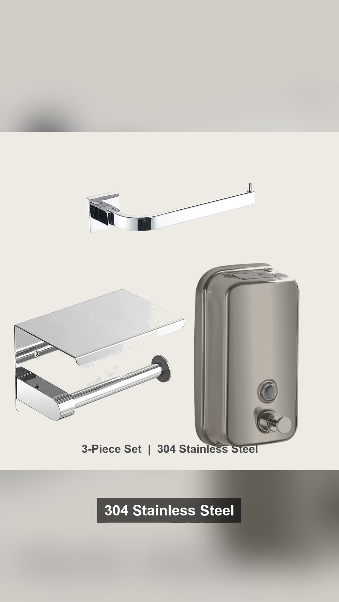 3-Piece Bathroom Hardware Set, 304 Stainless Steel - Towel Bar, Toilet Paper Holder and Soap Dispenser