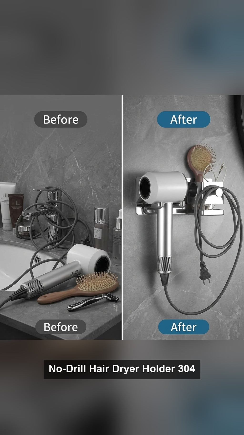 No-Drill Hair Dryer Holder 304 Stainless Steel Bathroom Wall Mount
