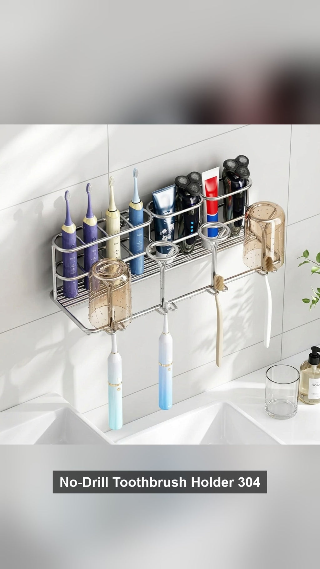 No-Drill Toothbrush Holder 304 Stainless Steel Bathroom Wall Mount