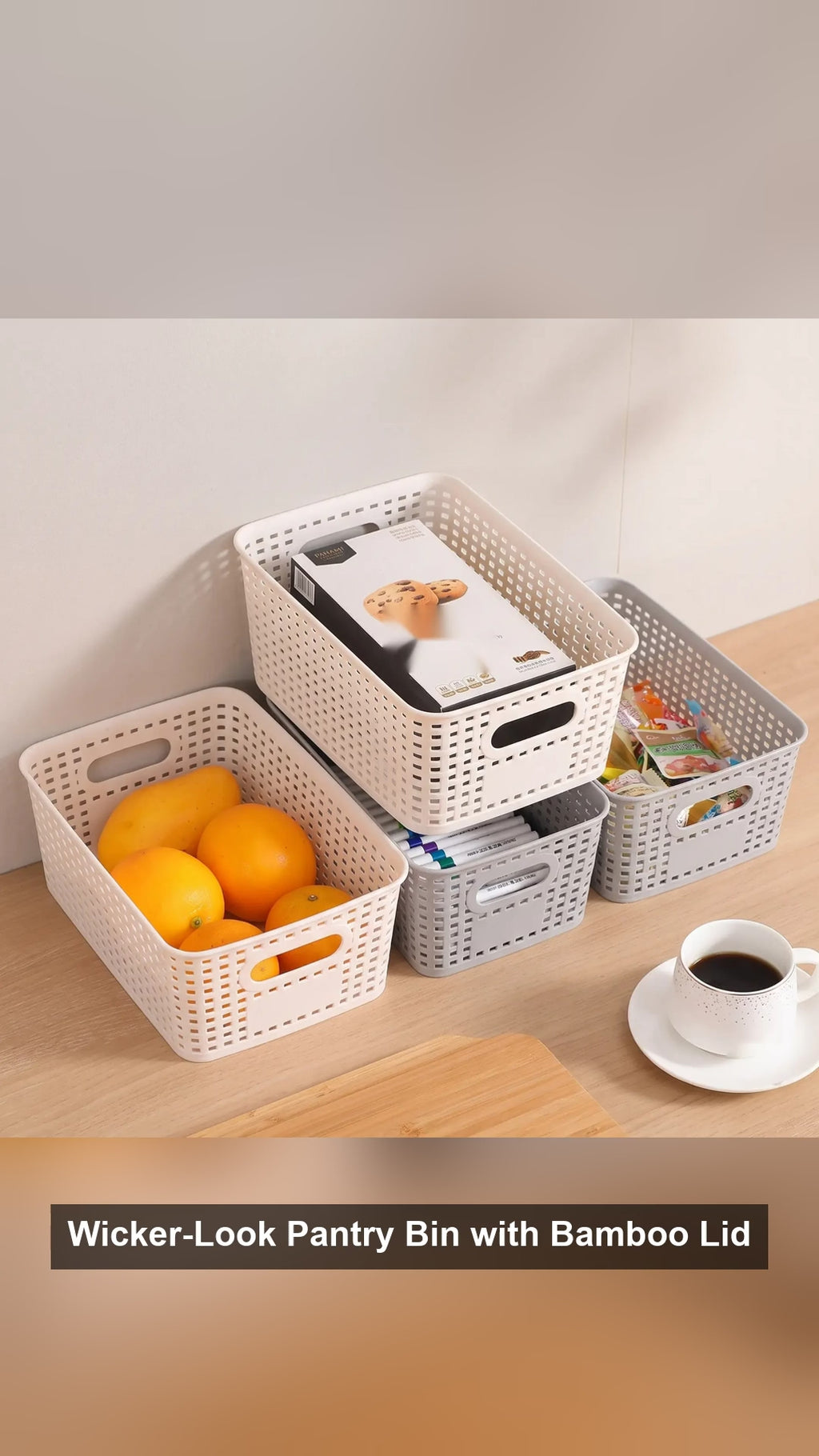 Wicker-Look Pantry Bin with Bamboo Lid, Rattan-Style Basket